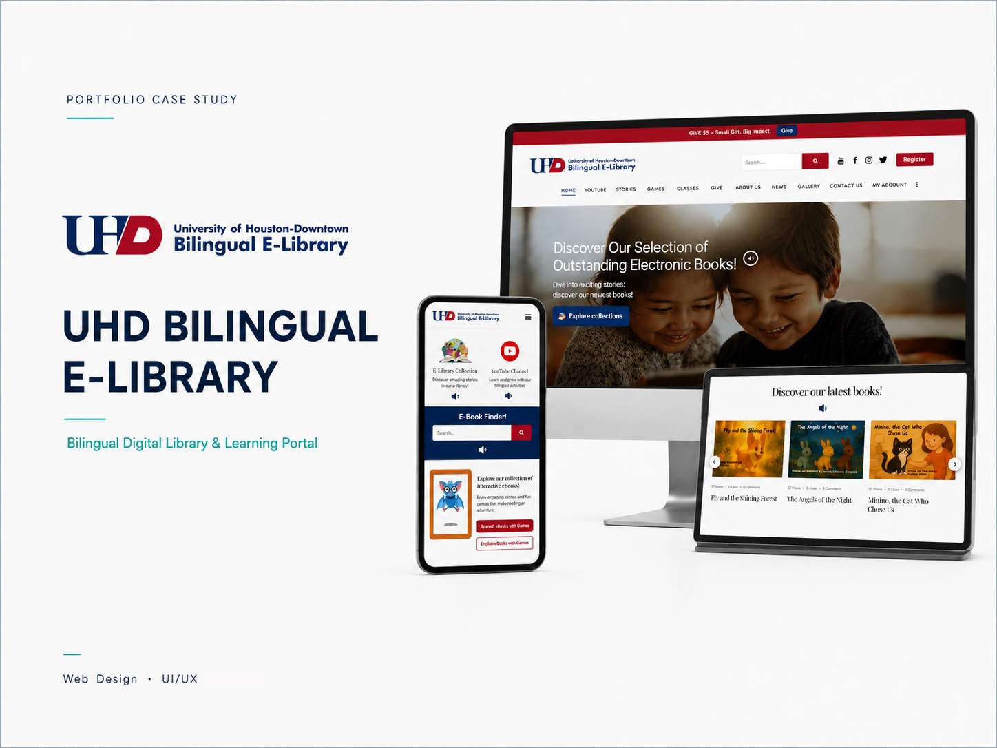 UHD Bilingual E-Library shown across desktop, tablet, and reading experiences
