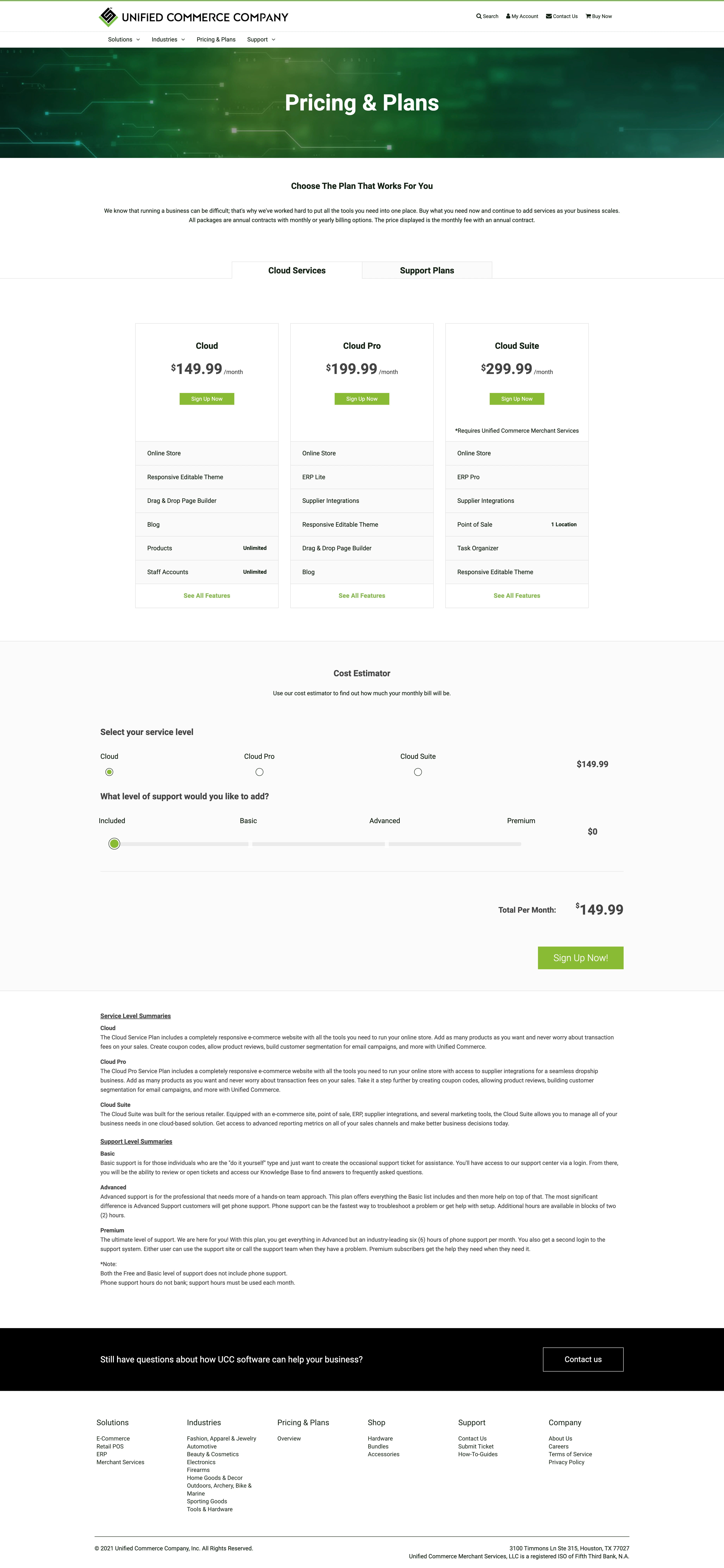 Production SaaS pricing page with service tiers and cost estimator