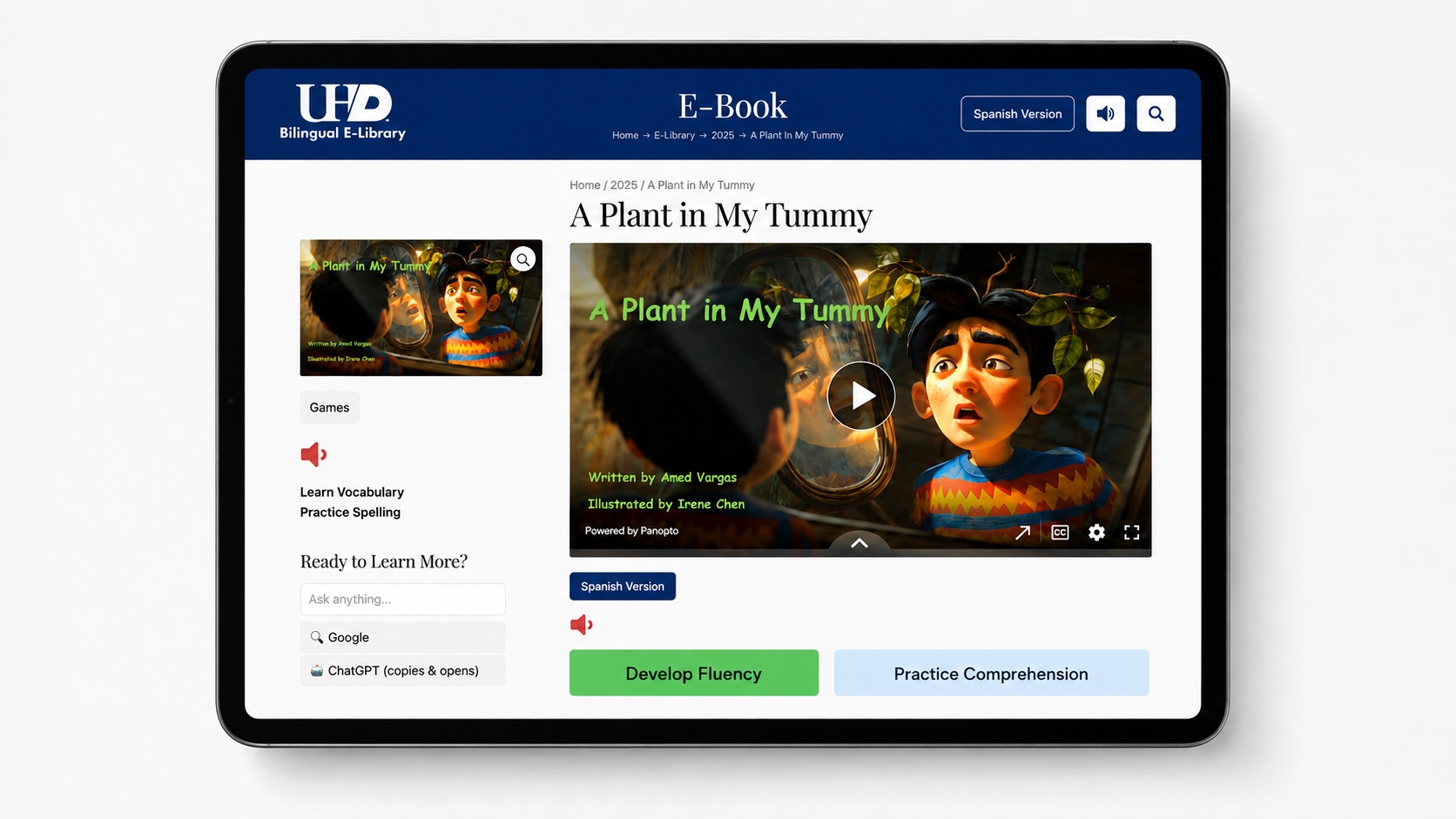 UHD Bilingual E-Library interactive learning platform with bilingual stories, audio, games, fluency, and comprehension features